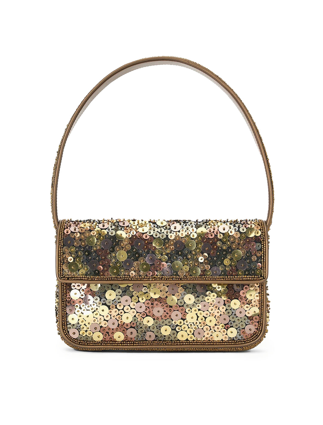 Front view of STAUD's tommy bag in gilded sequins.