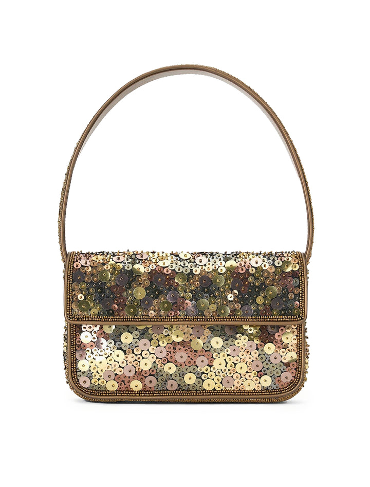 Front view of STAUD's tommy bag in gilded sequins.