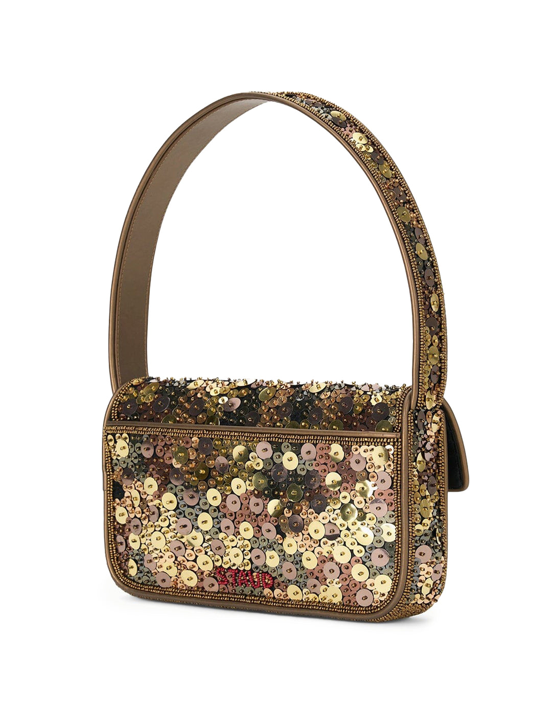 Back angle view of STAUD's tommy bag in gilded sequins.