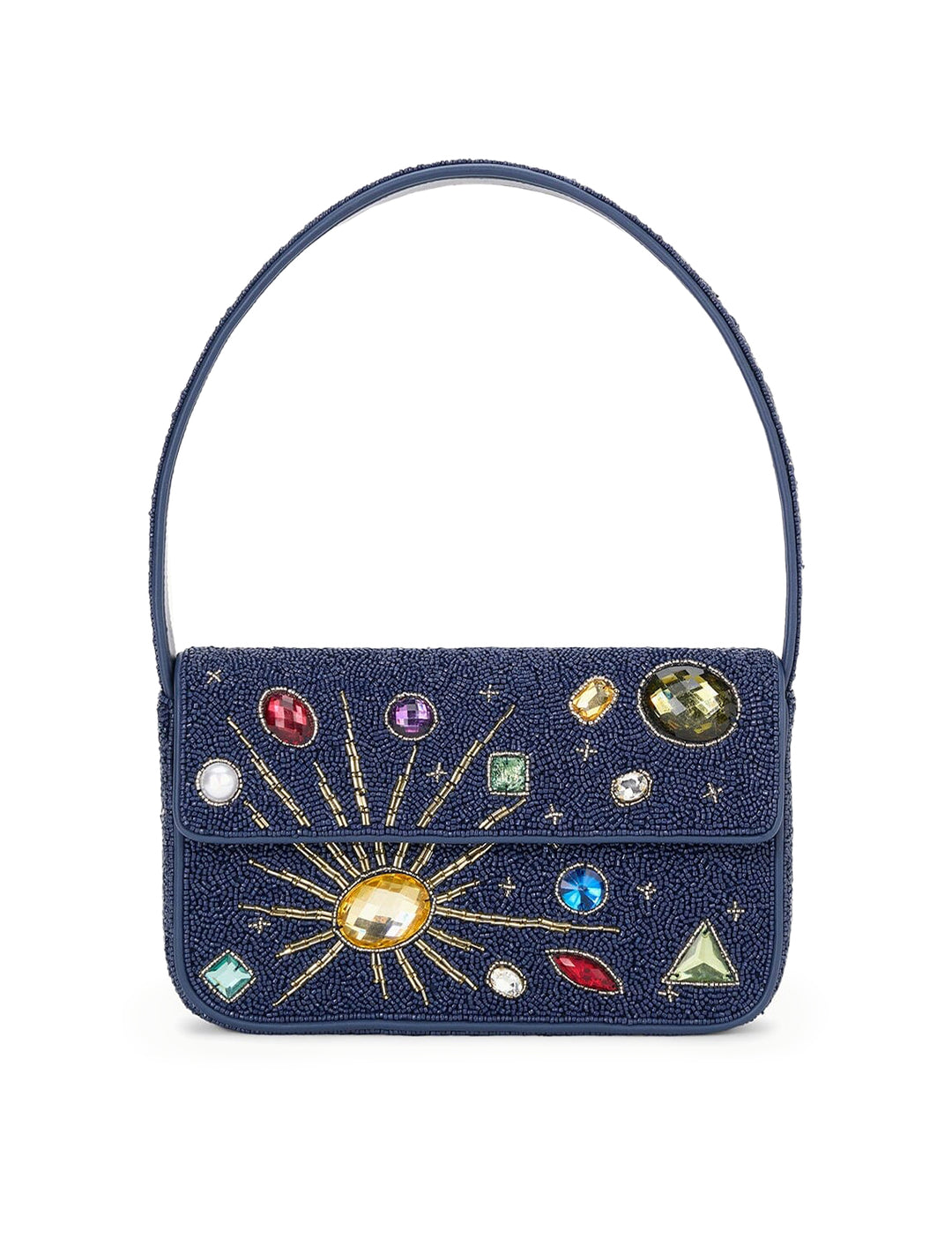 Front view of Staud's tommy bag in navy celestial.