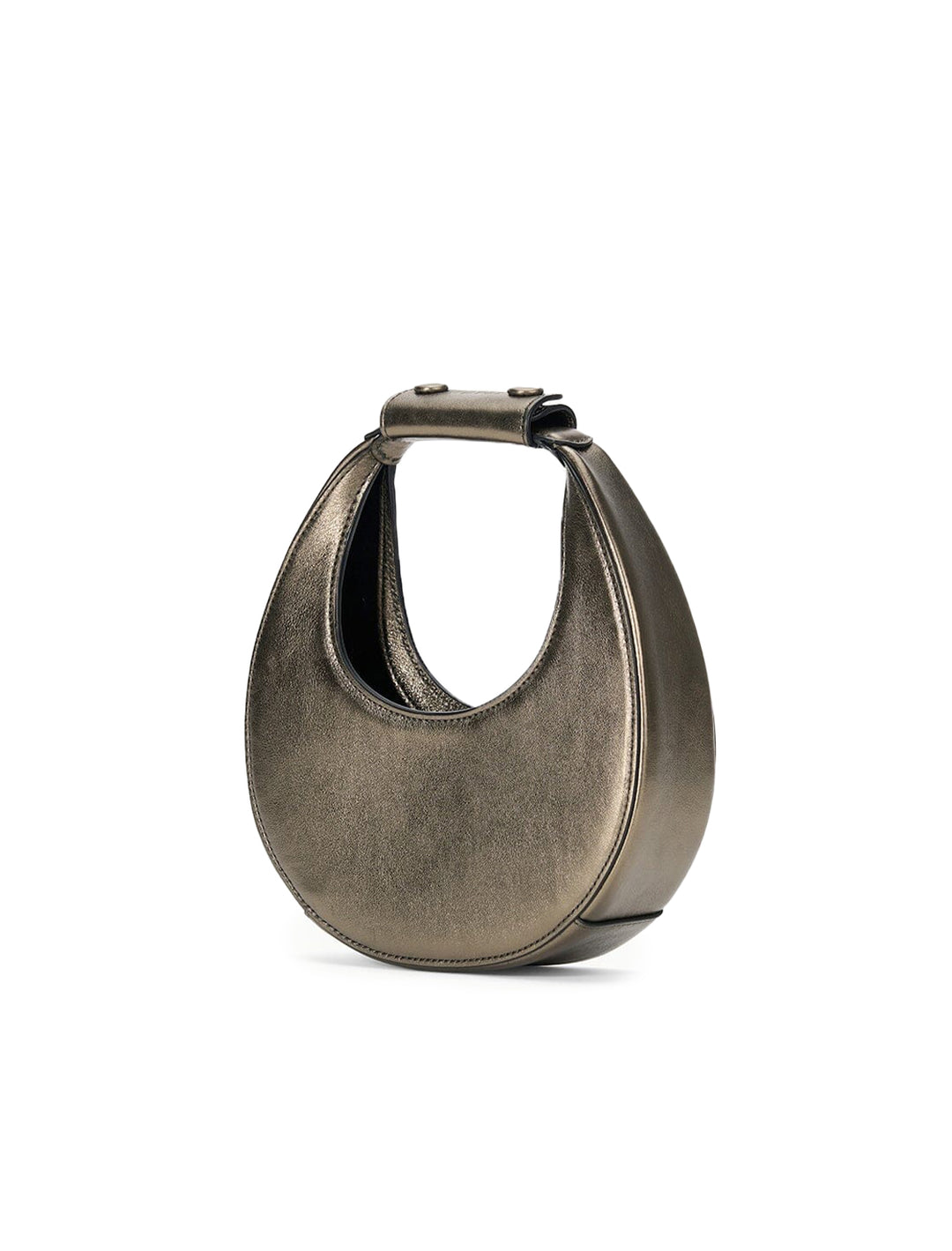 Side angle view of Staud's good night moon bag in aged bronze.