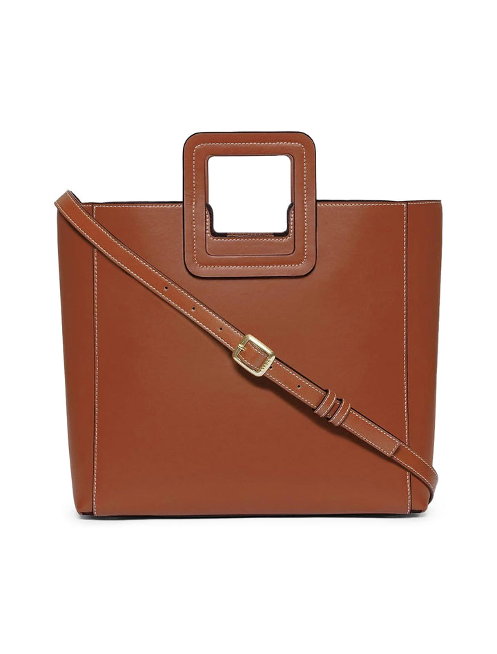 Front view of Staud's shirley leather tote bag in tan.