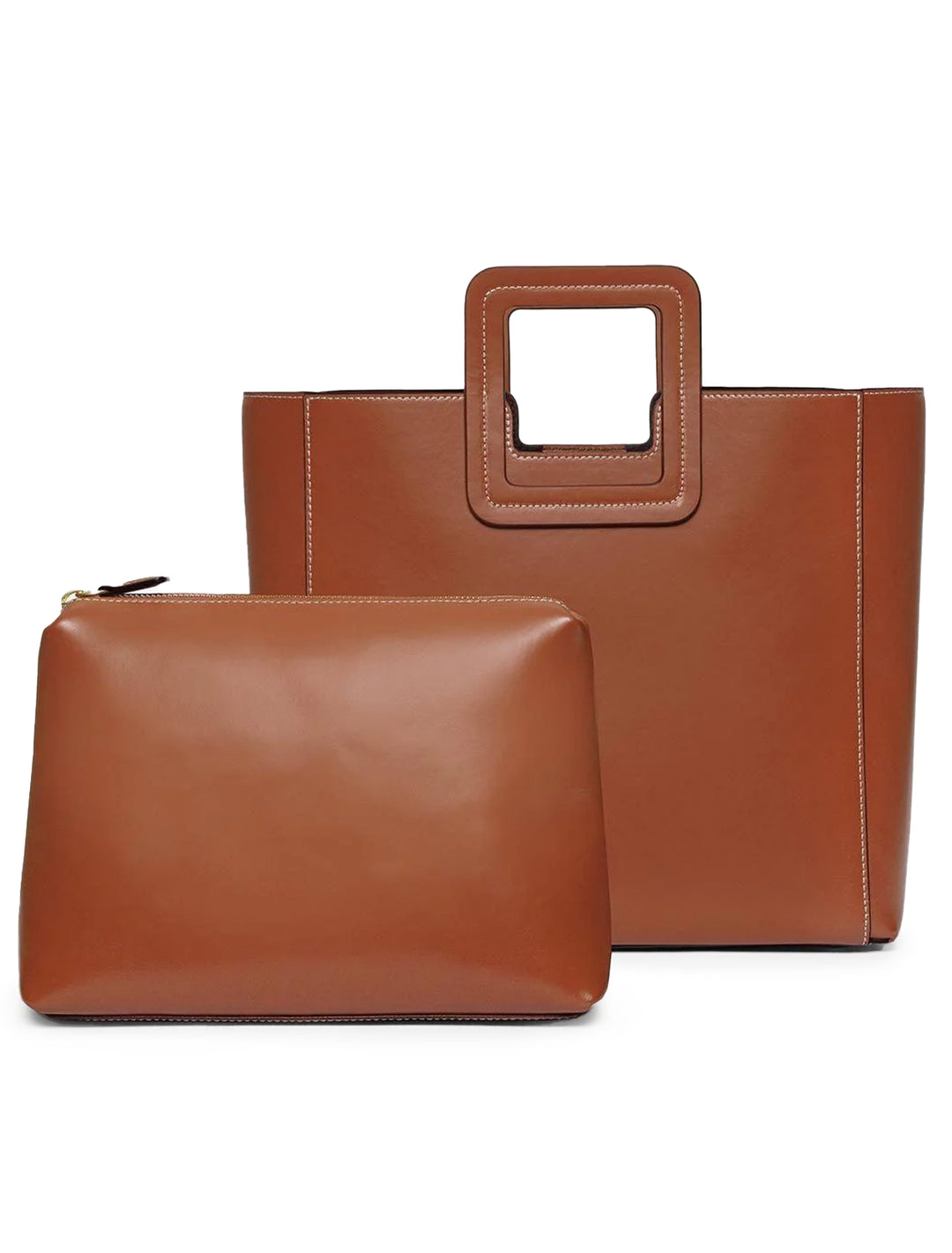 Front view of Staud's shirley leather tote bag in tan, with inside pocket shown.