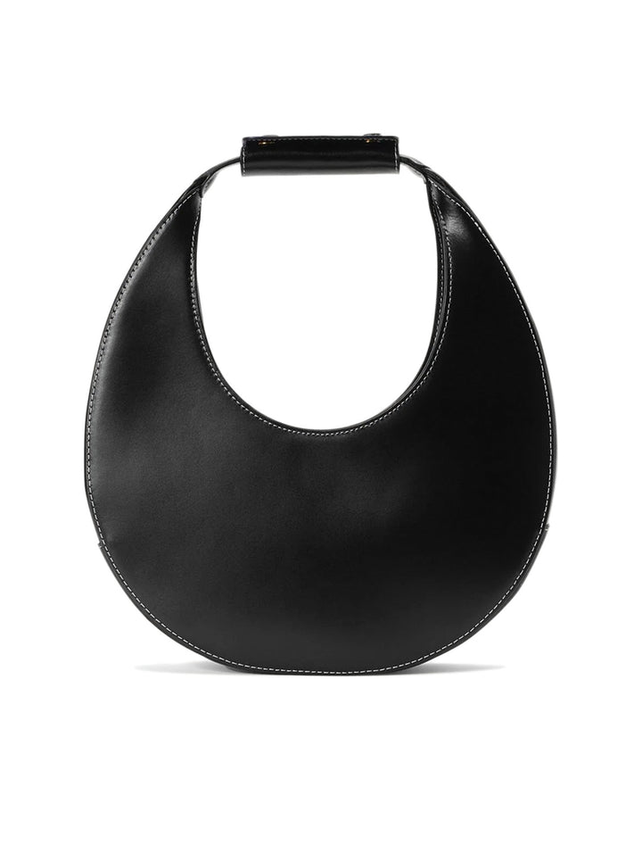 Front view of Staud's moon tote bag in black.