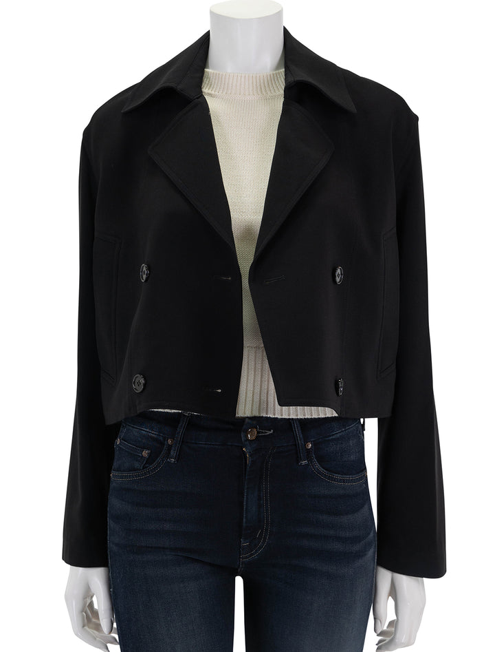 front view of oversized cropped trench in black unbuttoned 