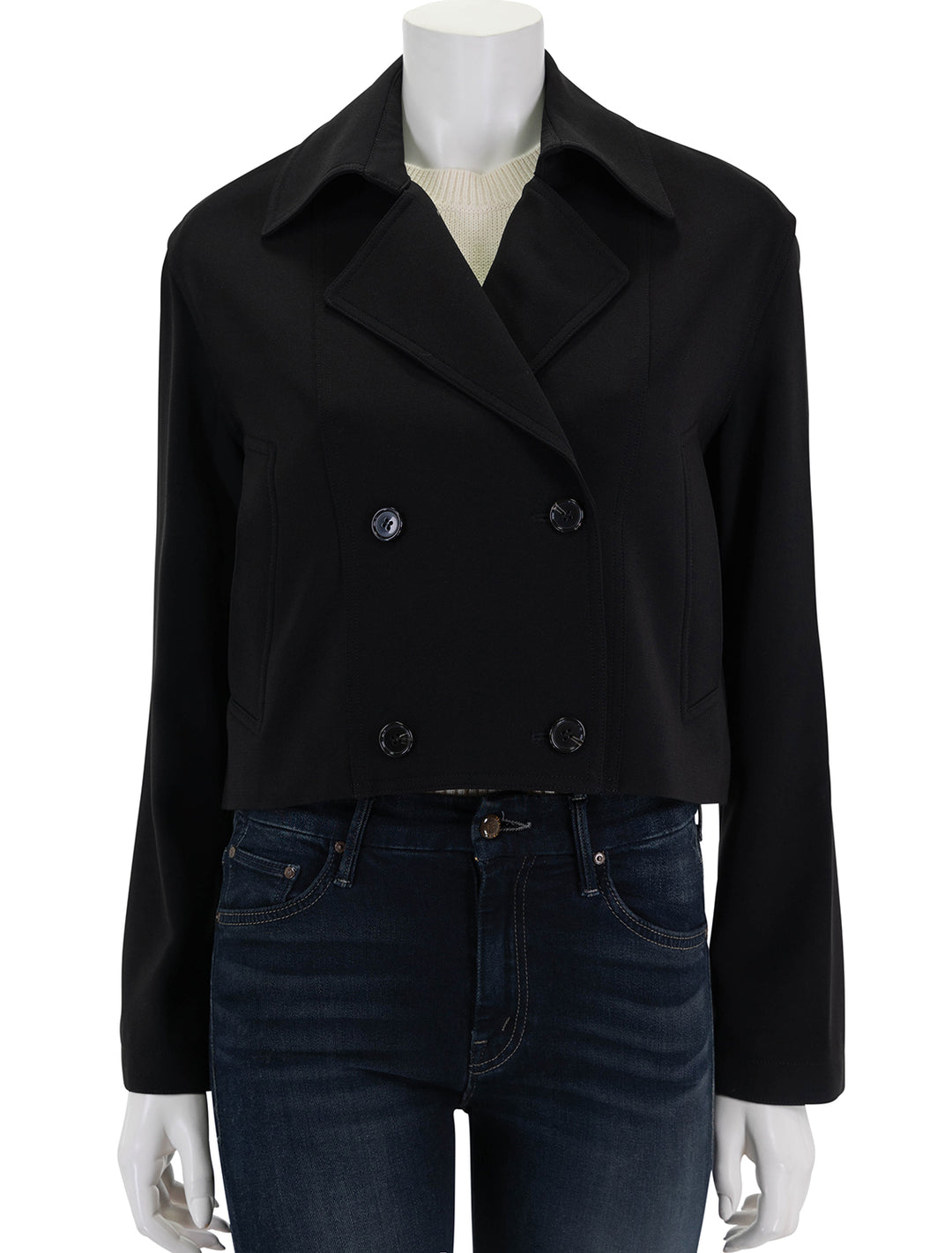 front view of oversized cropped trench in black buttoned