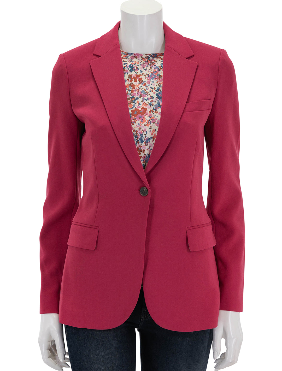 front view of staple blazer in deep rose buttoned