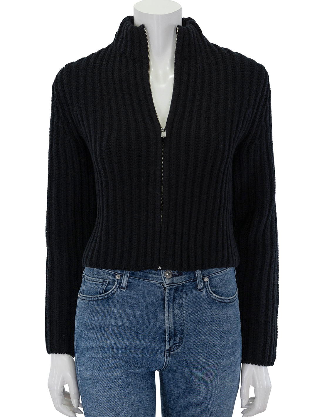 Front view of Theory's zip up cardigan in black.