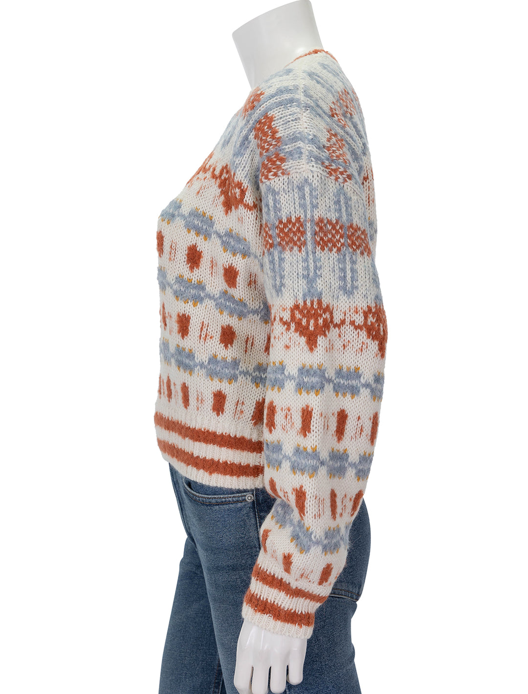 Side view of Mother's long drop pullover in dharma karma.