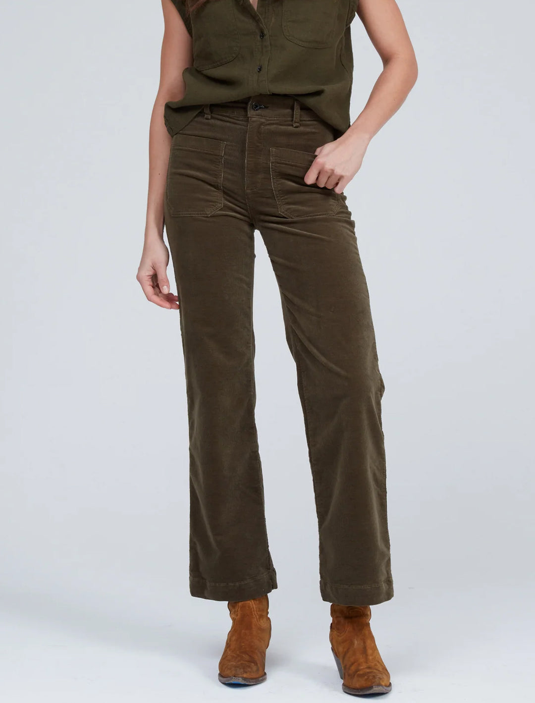 Model wearing ASKK NY's Sailor Pant in Safari Green.