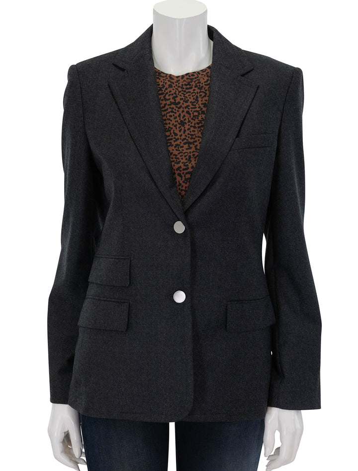 Front view of Theory's tailored two button blazer in new charcoal melange.