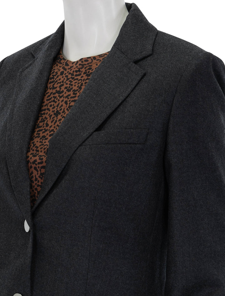 Close-up view of Theory's tailored two button blazer in new charcoal melange.