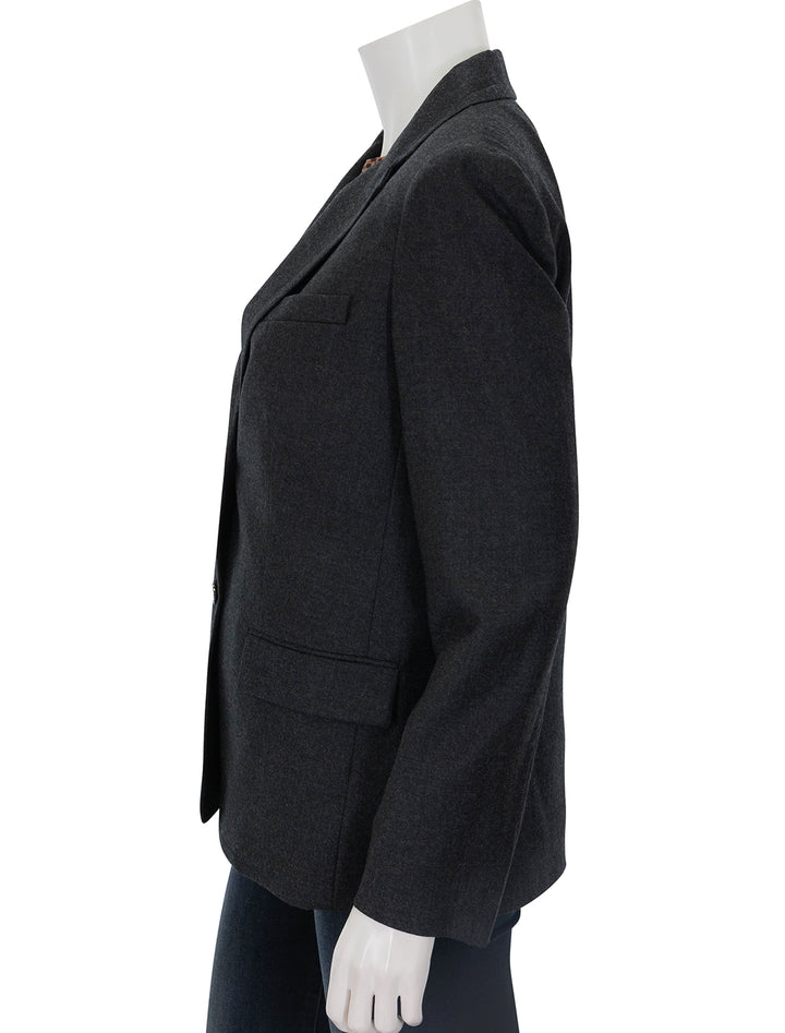 Side view of Theory's tailored two button blazer in new charcoal melange.