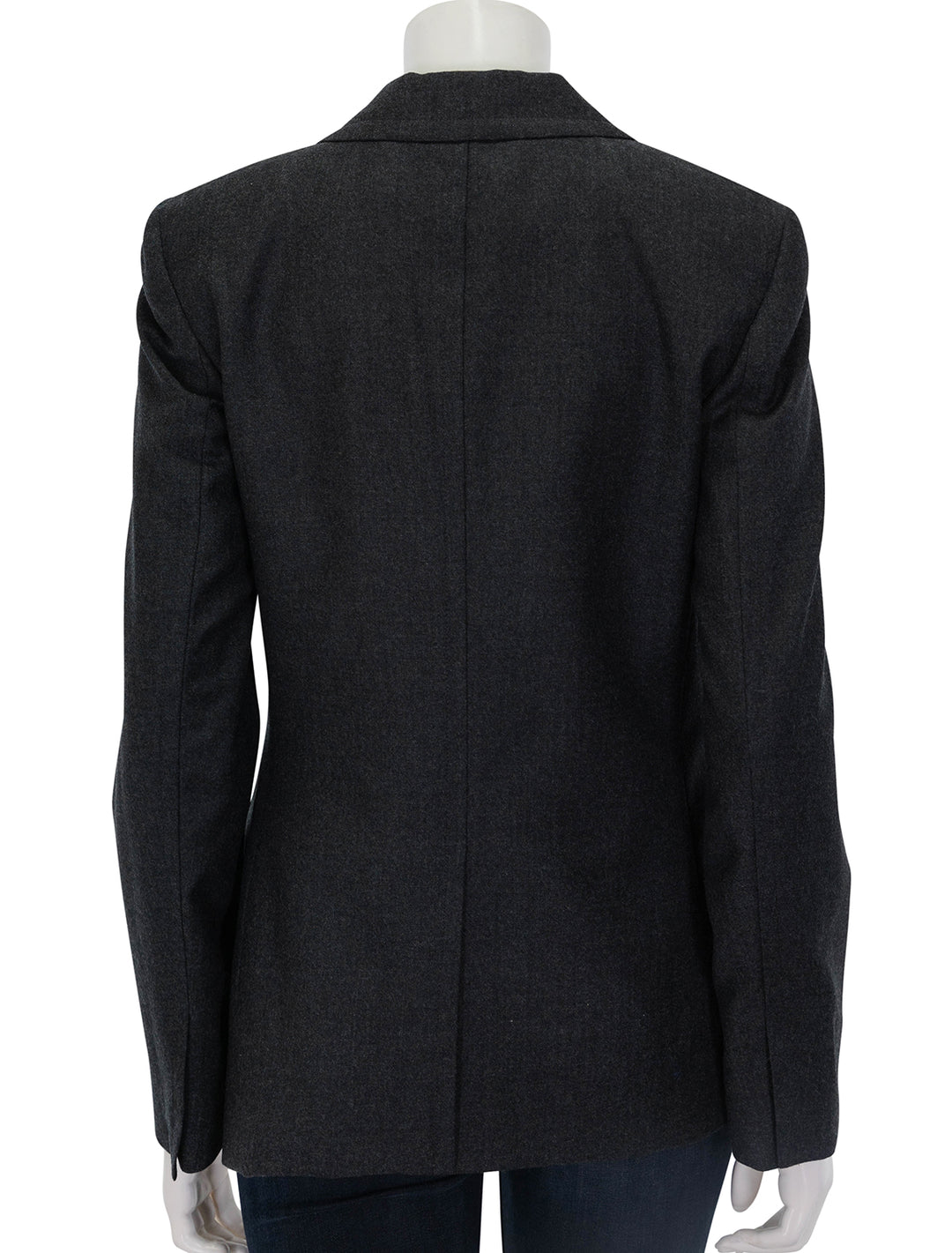 Back view of Theory's tailored two button blazer in new charcoal melange.