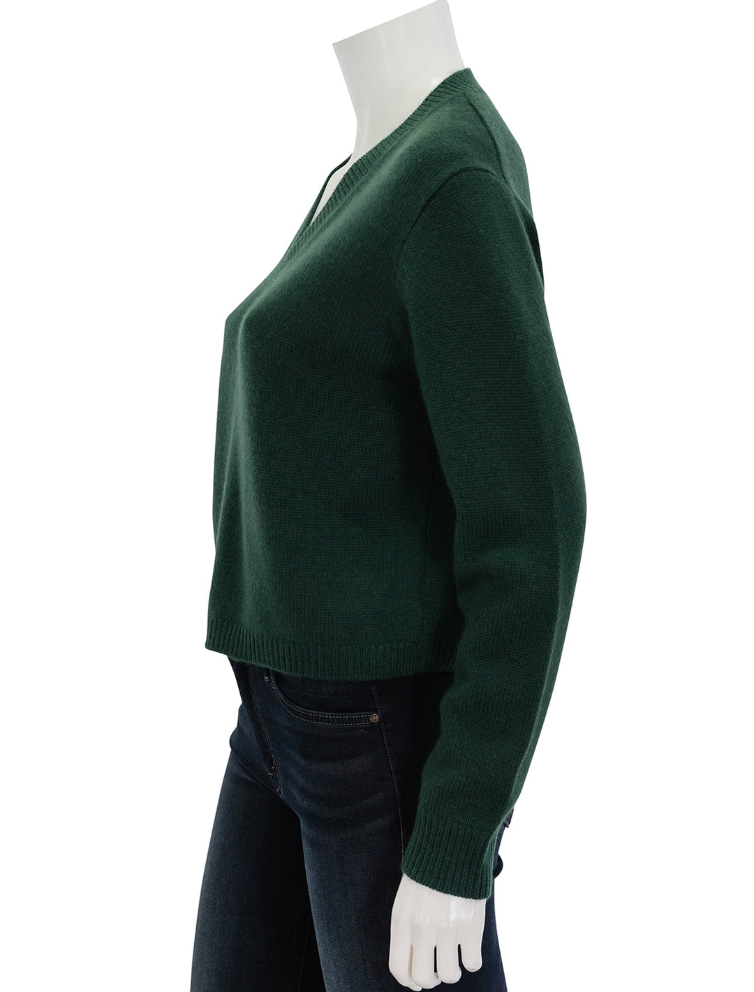 Side view of Theory's cropped vneck pullover in hunter green.