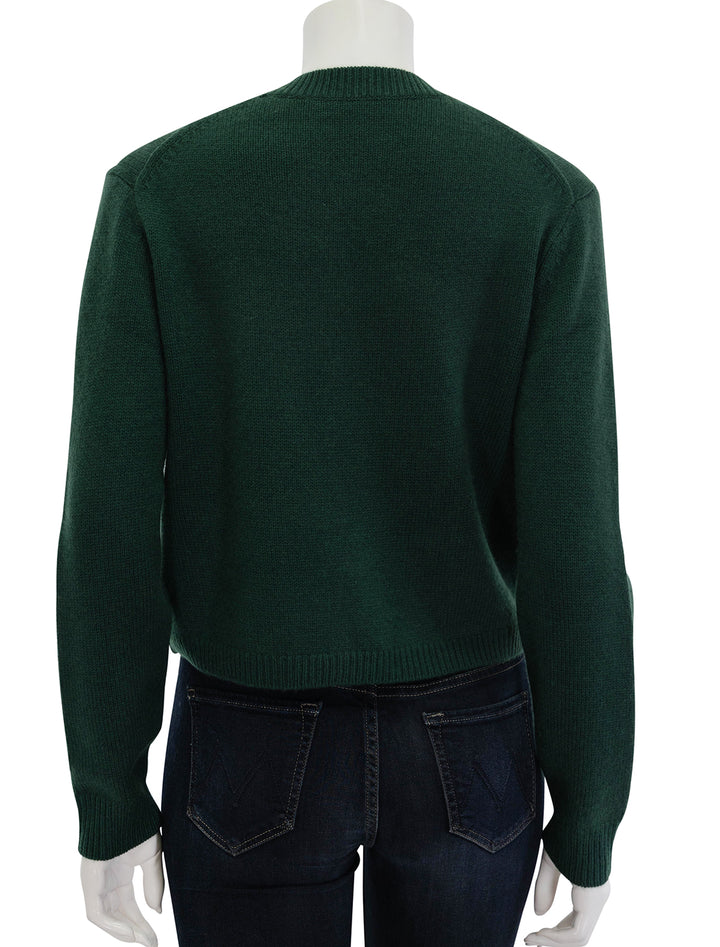 Back view of Theory's cropped vneck pullover in hunter green.