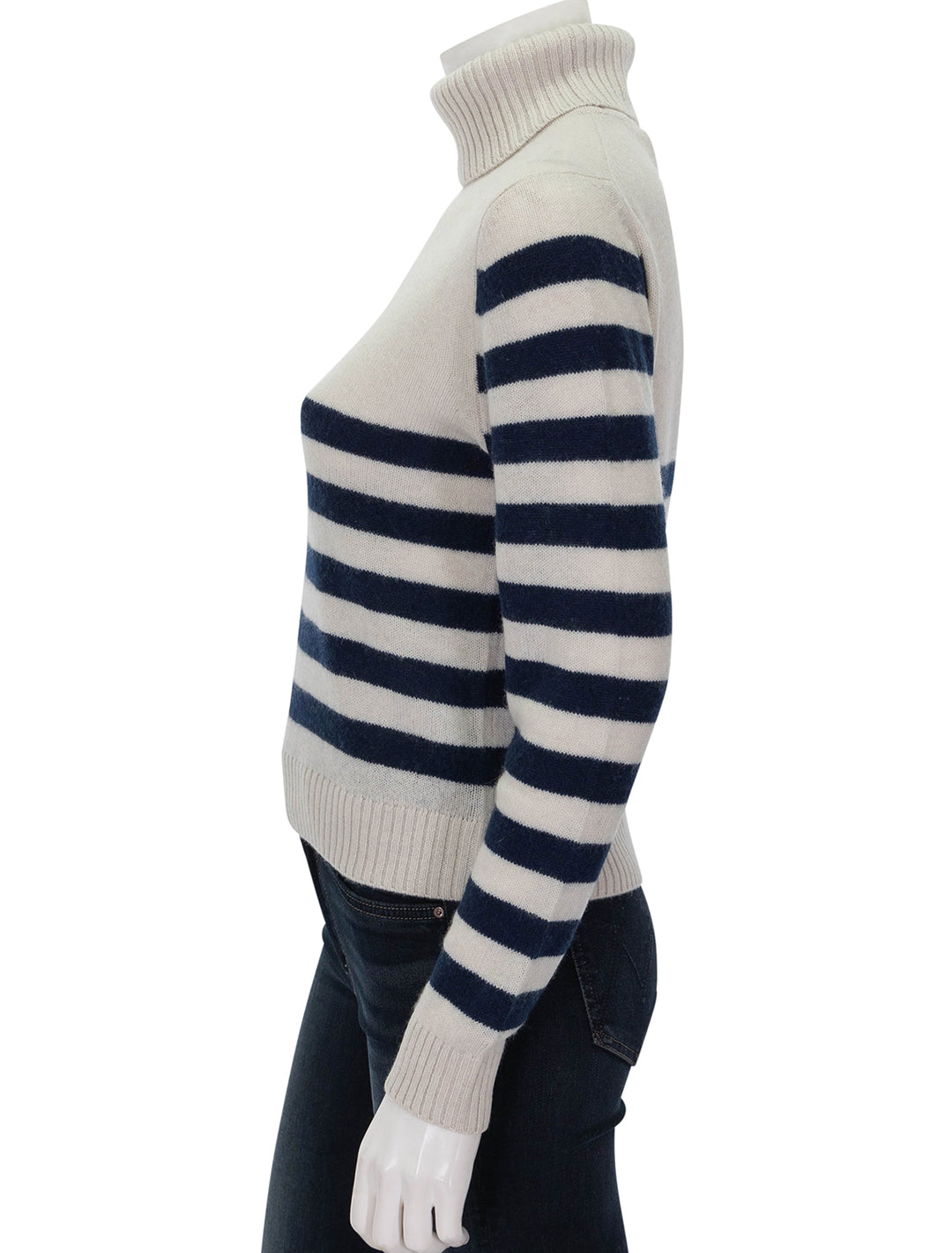 Side view of Jumper 1234's Invert Stripe Roll Collar in Jasmine and Shark.