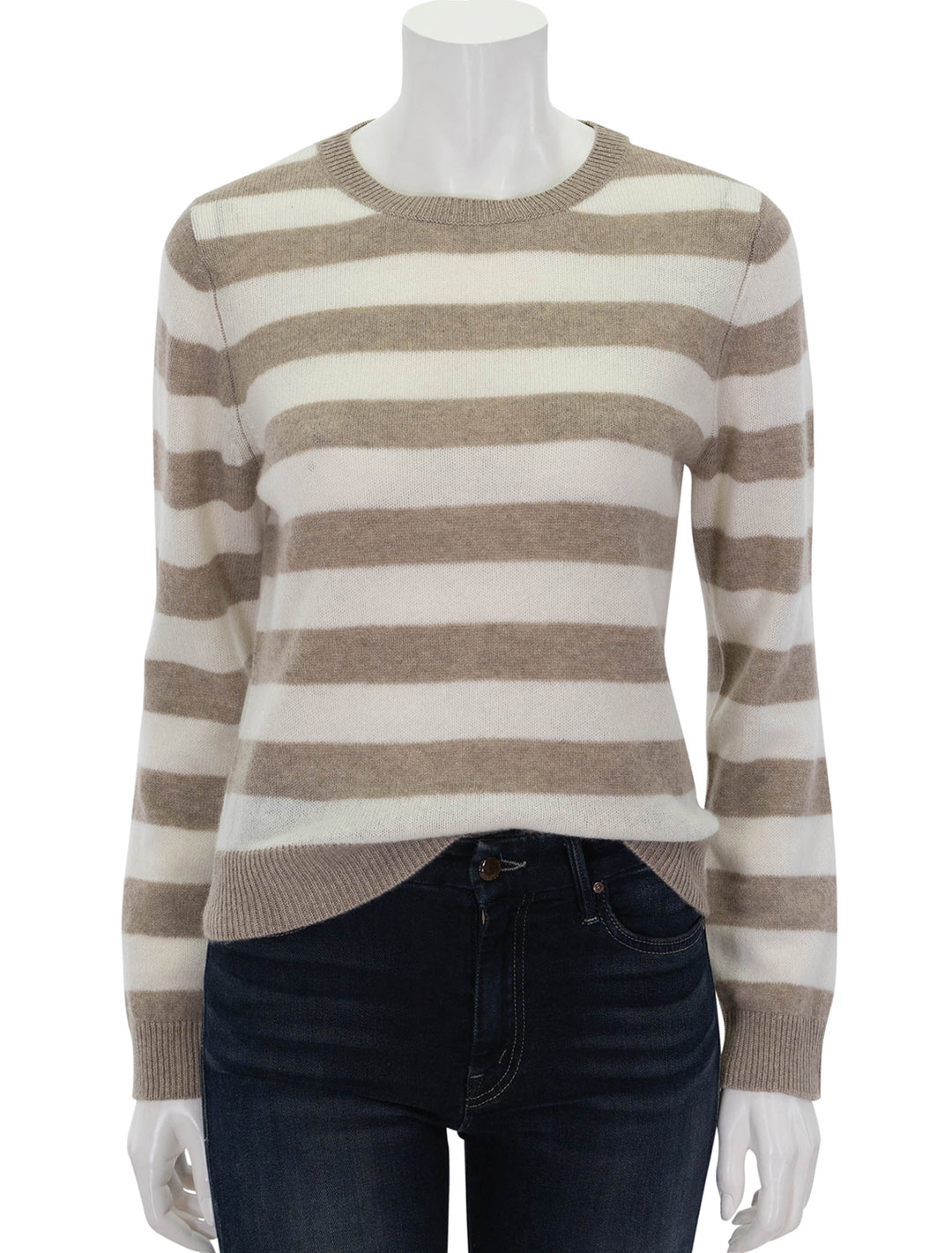 Front view of Jumper 1234's Stripe Crew in Light Brown and Cream.