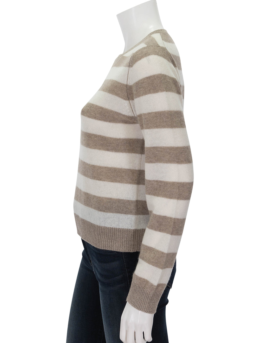 Side view of Jumper 1234's Stripe Crew in Light Brown and Cream.