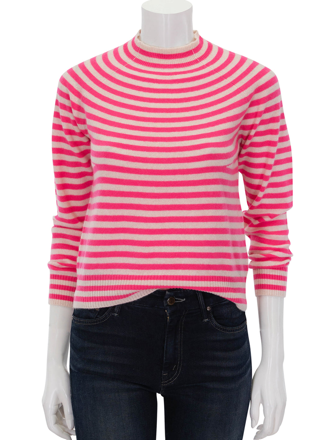 Front view of Jumper 1234's Vary Stripe Crew in Oatmeal and Neon Pink.