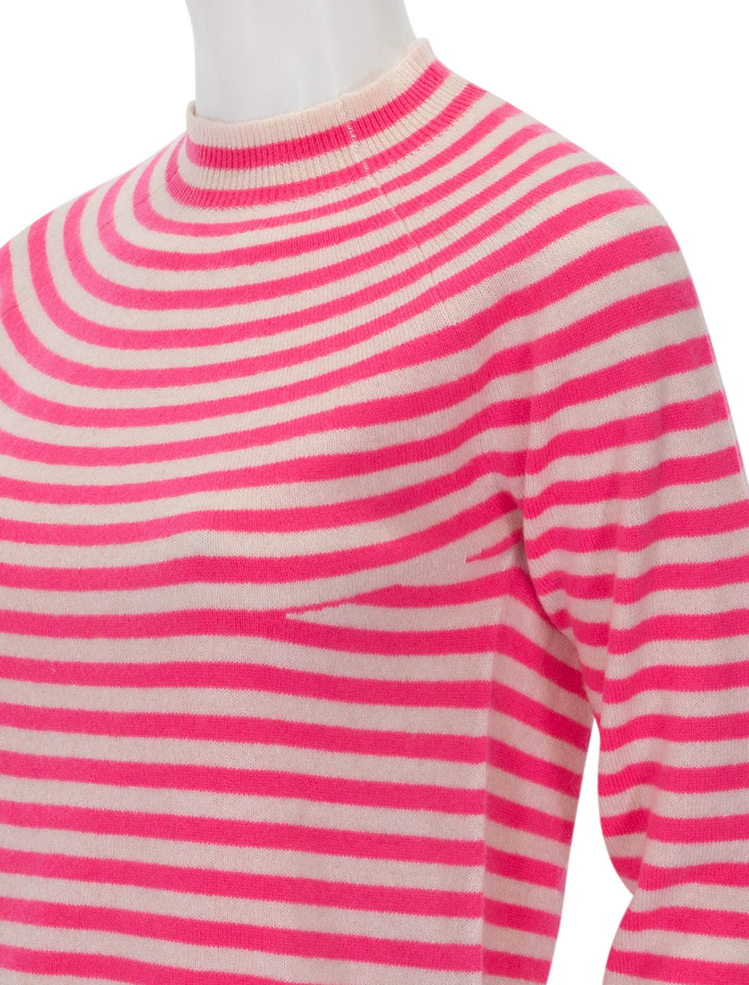 Close-up view of Jumper 1234's Vary Stripe Crew in Oatmeal and Neon Pink.