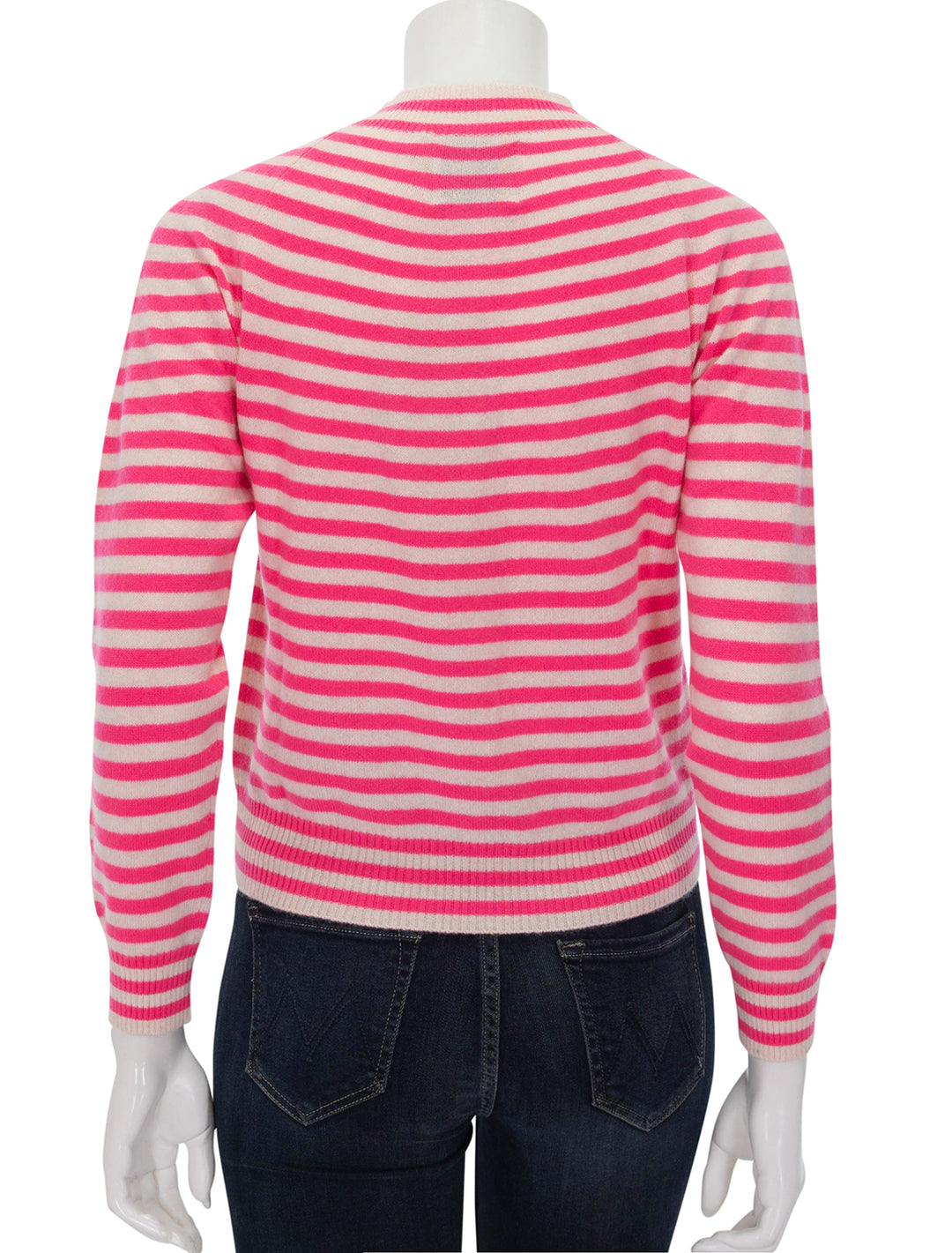 Back view of Jumper 1234's Vary Stripe Crew in Oatmeal and Neon Pink.