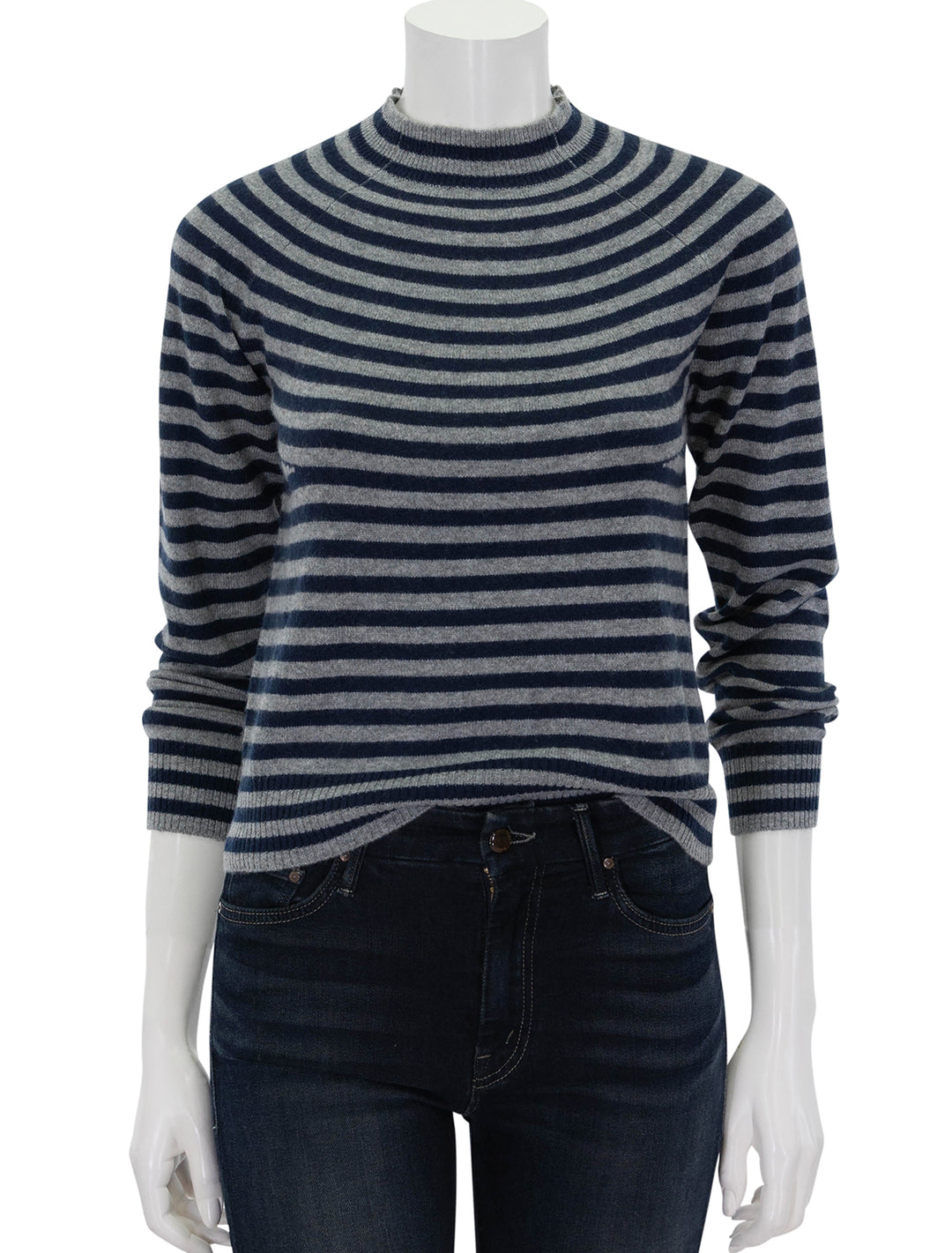 Front view of Jumper 1234's Vary Stripe Crew in Mid Grey and Navy