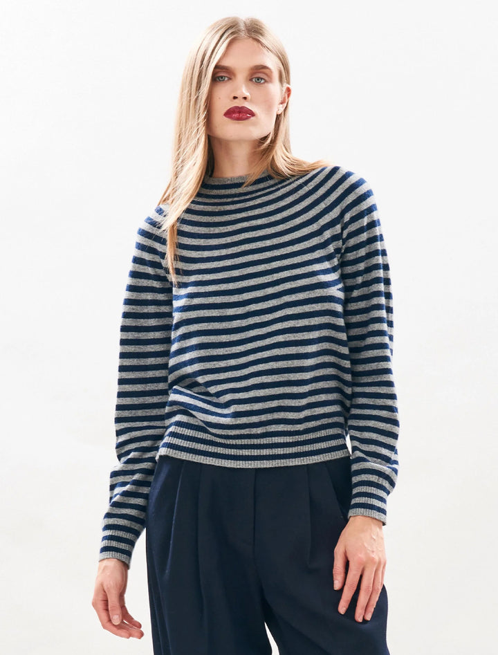 Model wearing Jumper 1234's Vary Stripe Crew in Mid Grey and Navy