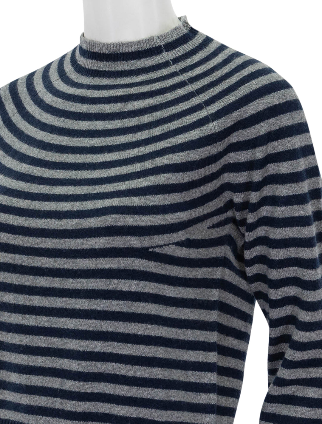 Close-up view of Jumper 1234's Vary Stripe Crew in Mid Grey and Navy