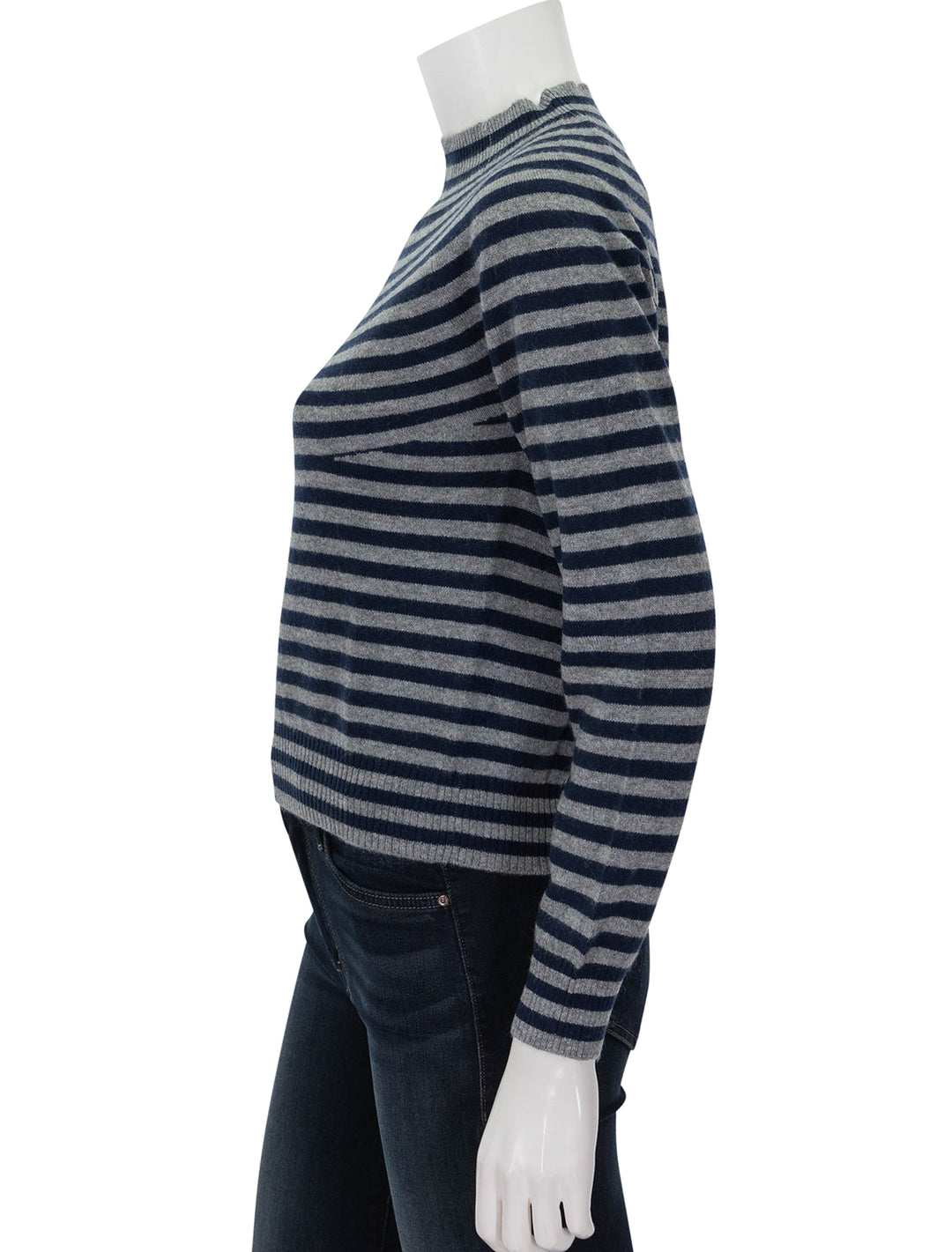 Side view of Jumper 1234's Vary Stripe Crew in Mid Grey and Navy