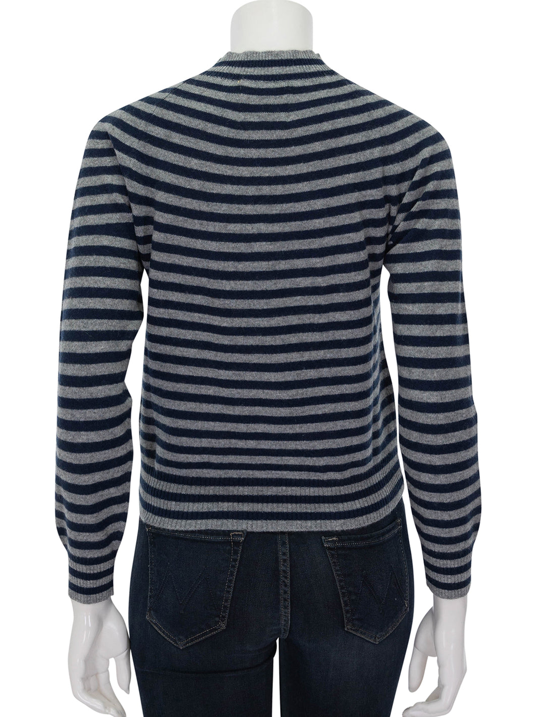 Back view of Jumper 1234's Vary Stripe Crew in Mid Grey and Navy