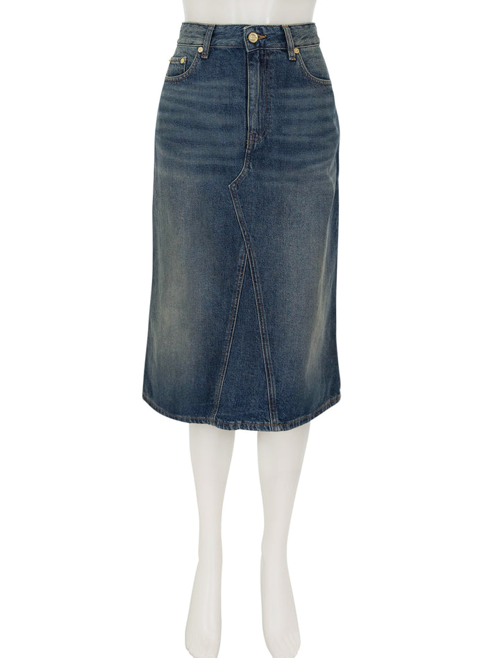 Front view of GANNI's denim midi skirt in mid blue vintage.