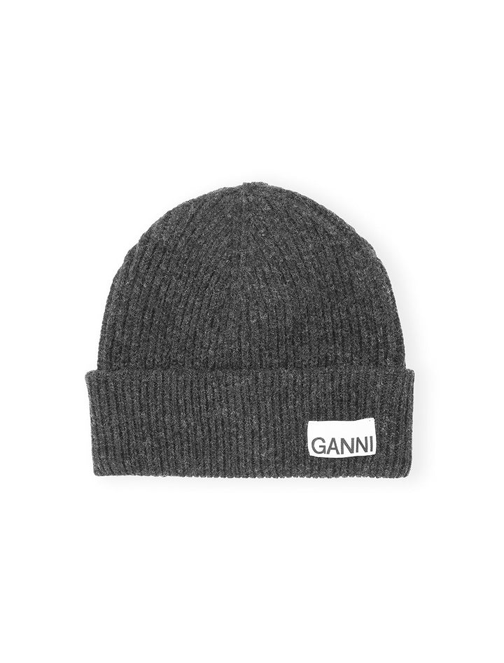 Overhead view of GANNI's light structured rib knit beanie in phantom