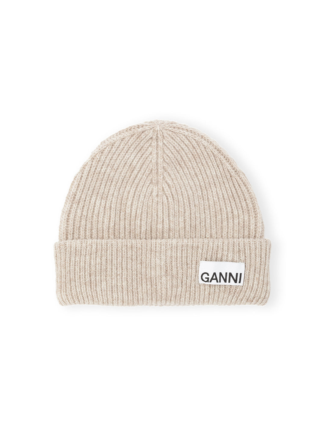 Overhead view of GANNI's light structured rib knit beanie in brazilian sand.