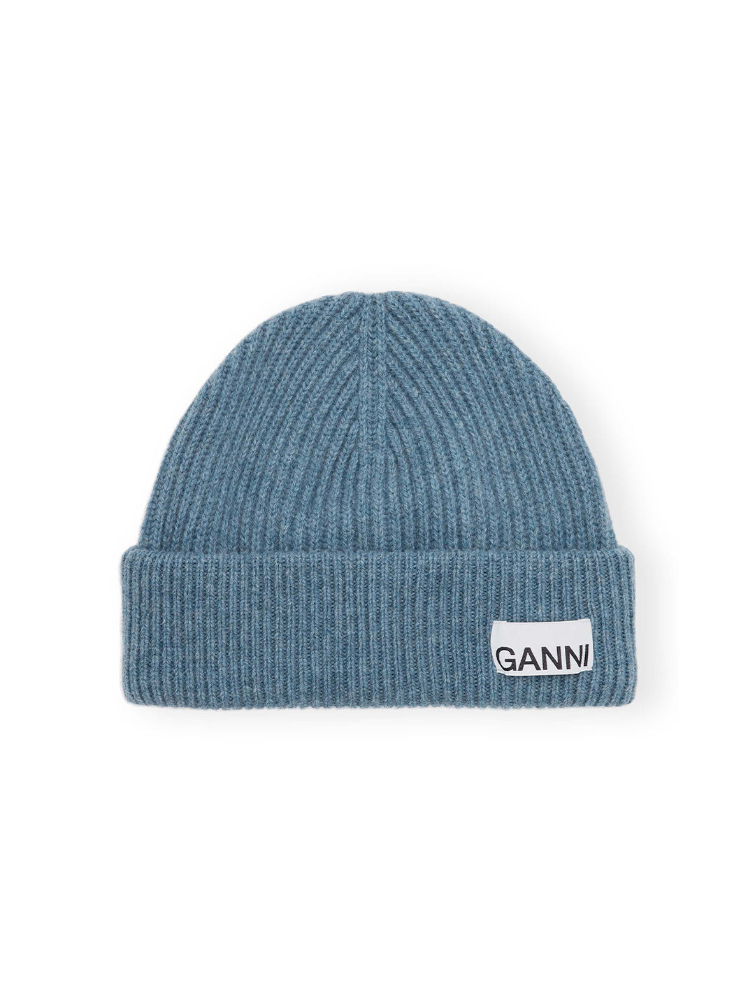 Overhead view of GANNI's light structured rib knit beanie in dusty blue