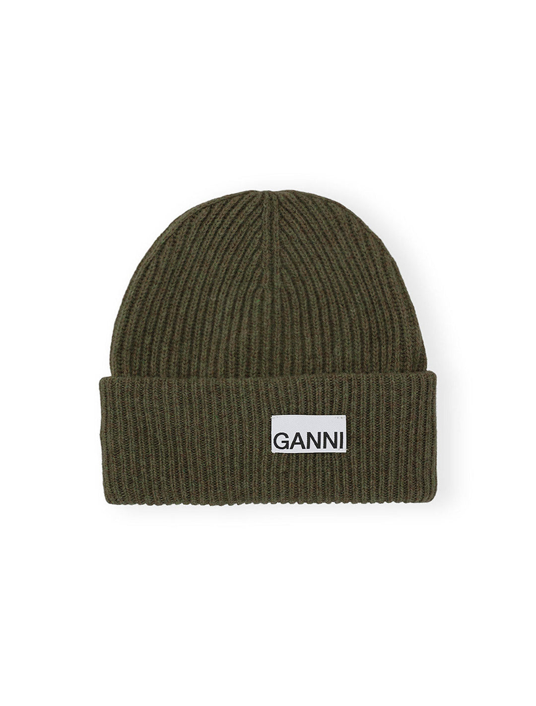 Overhead view of GANNI's light structured rib knit beanie in kalamata.