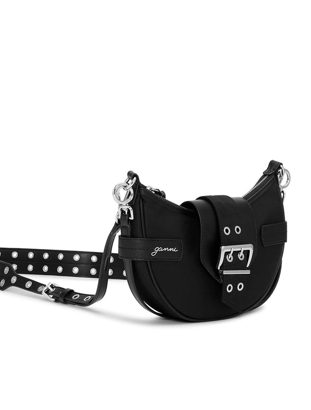 Front angle view of GANNI's bucky small crossbody bag in black.