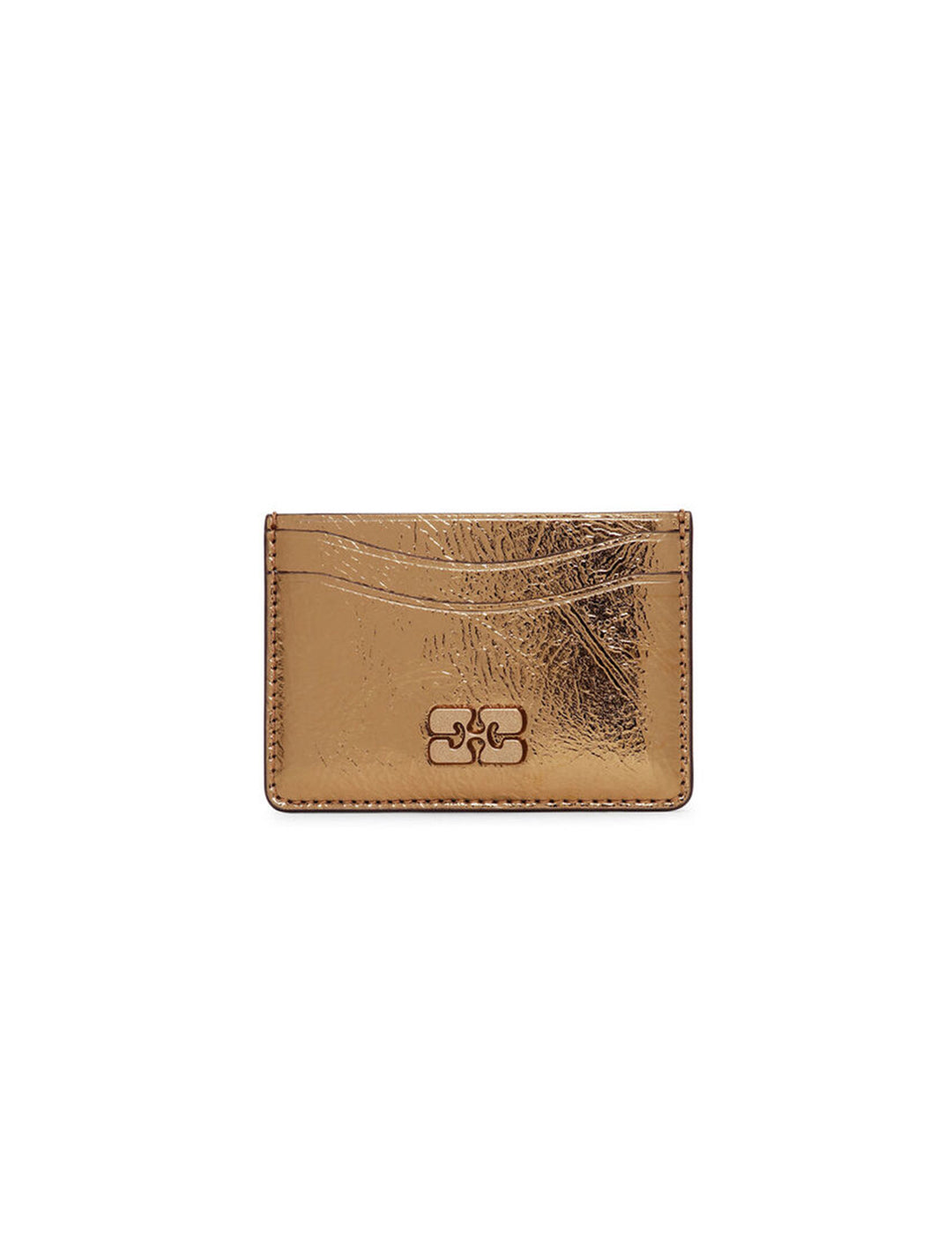 Overhead view of GANNI's bou card holder in bronze metallic.