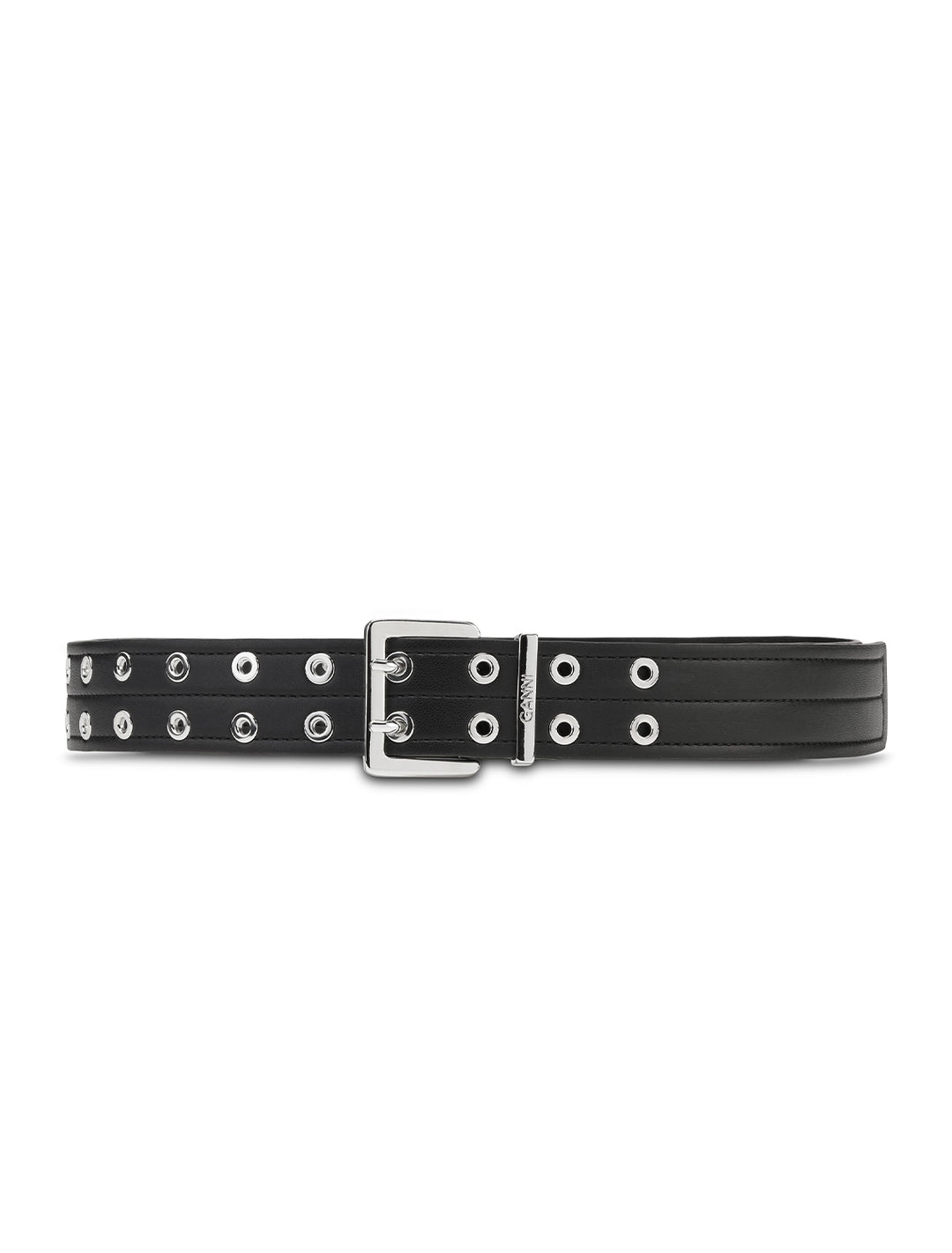 Front view of GANNI's double eyelet belt in black.