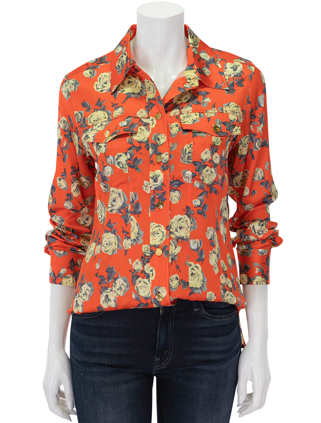 Front view of GANNI's printed satin shirt in poinciana.