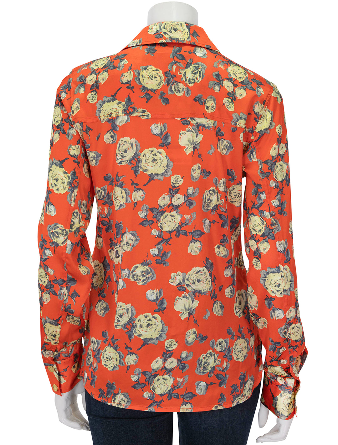 Back view of GANNI's printed satin shirt in poinciana.