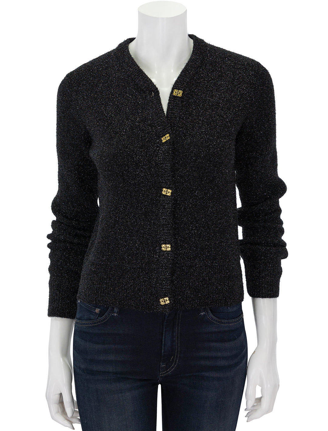 Front view of GANNI's sparkle cardigan in black.