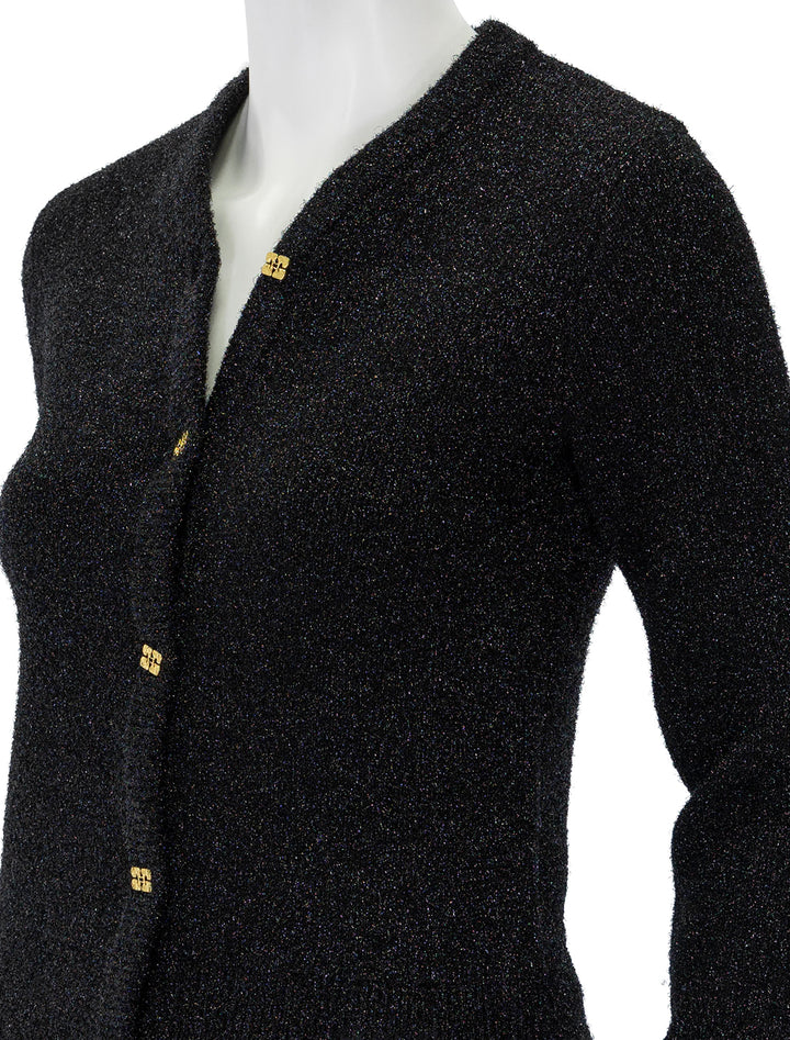 Close-up view of GANNI's sparkle cardigan in black.