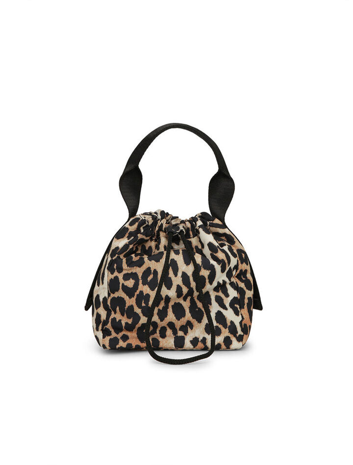 Front view of Ganni's recycled tech pouch in leopard.