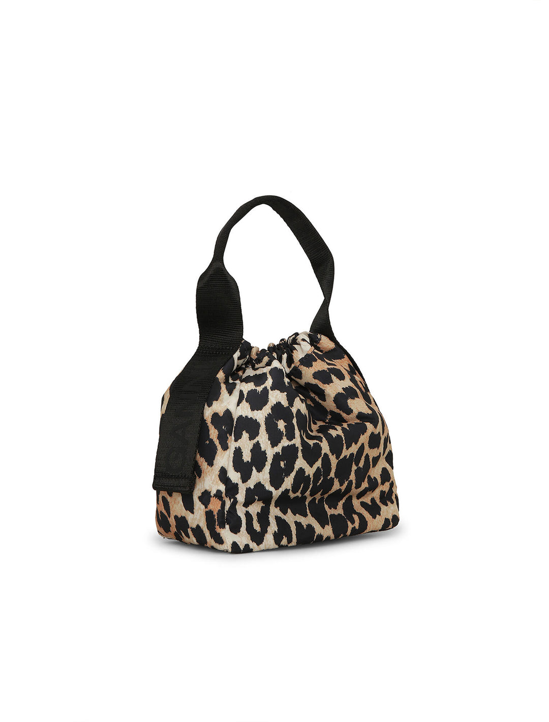 Side view of Ganni's recycled tech pouch in leopard.