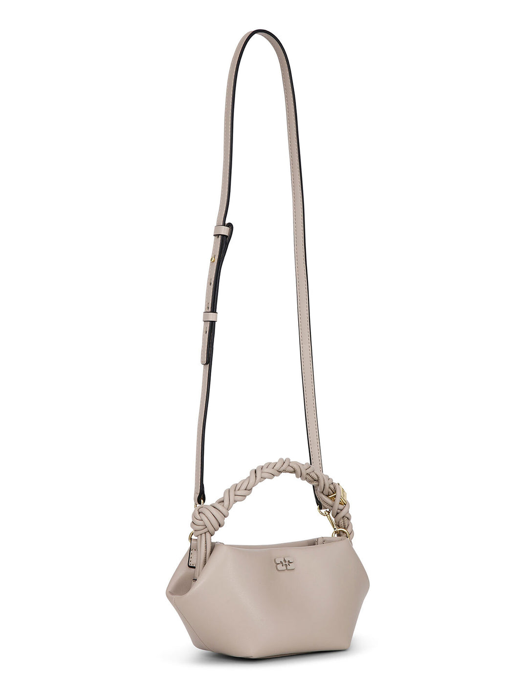 Front angle view of GANNI's bou bag mini in oyster with strap extended.