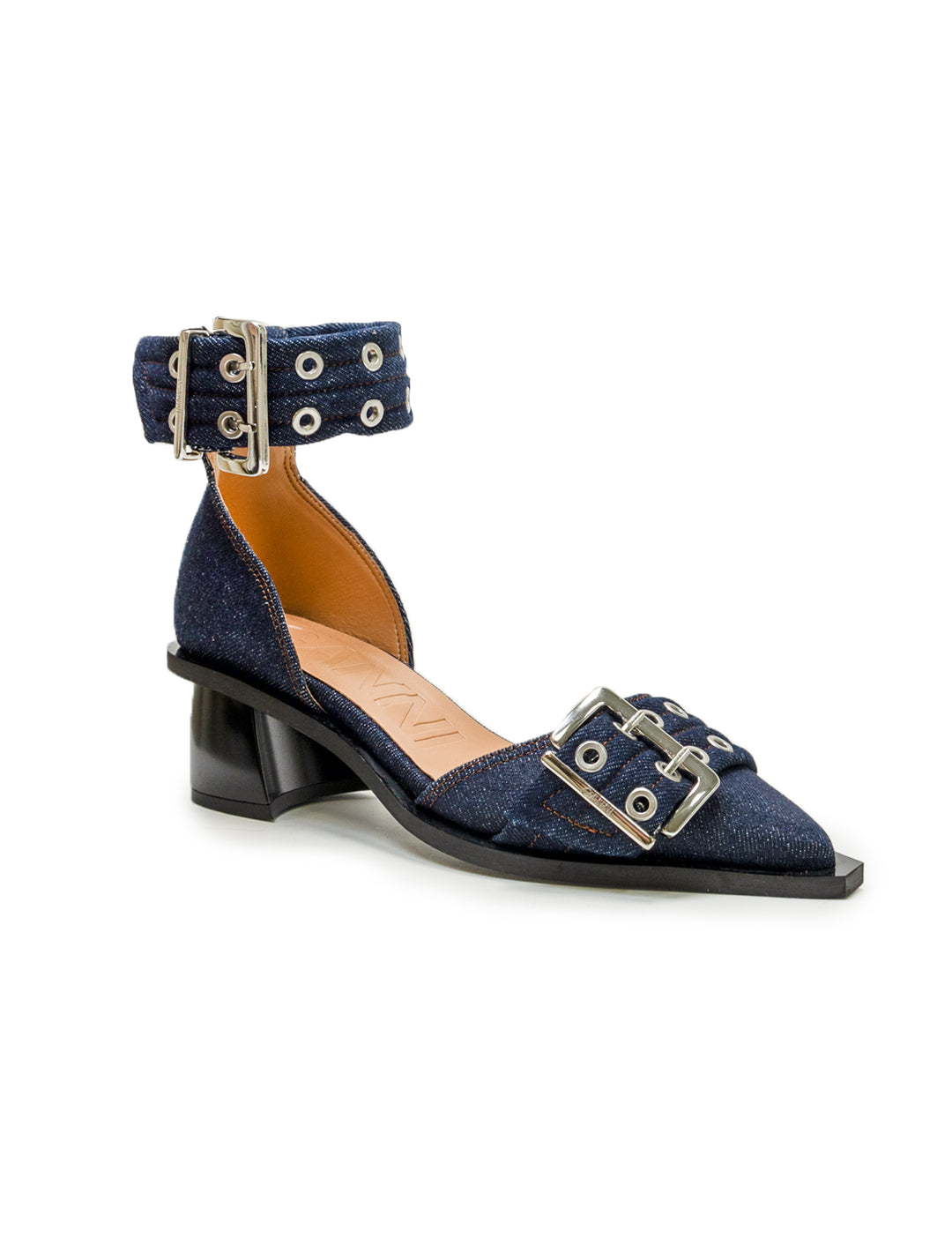 Front angle view of GANNI's feminine buckle open cut pump in denim.