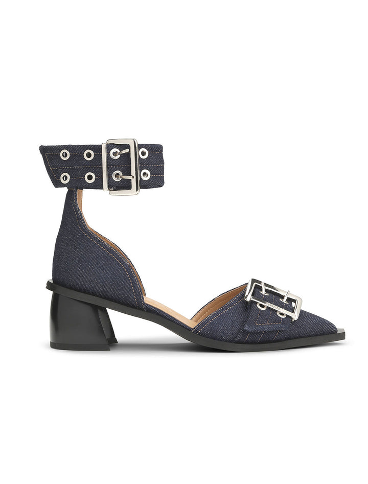 Side view of GANNI's feminine buckle open cut pump in denim.