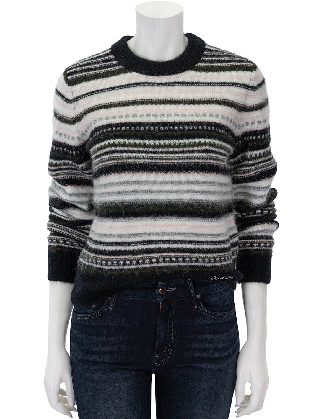 Front view of GANNI's soft wool stripe cardigan in black.