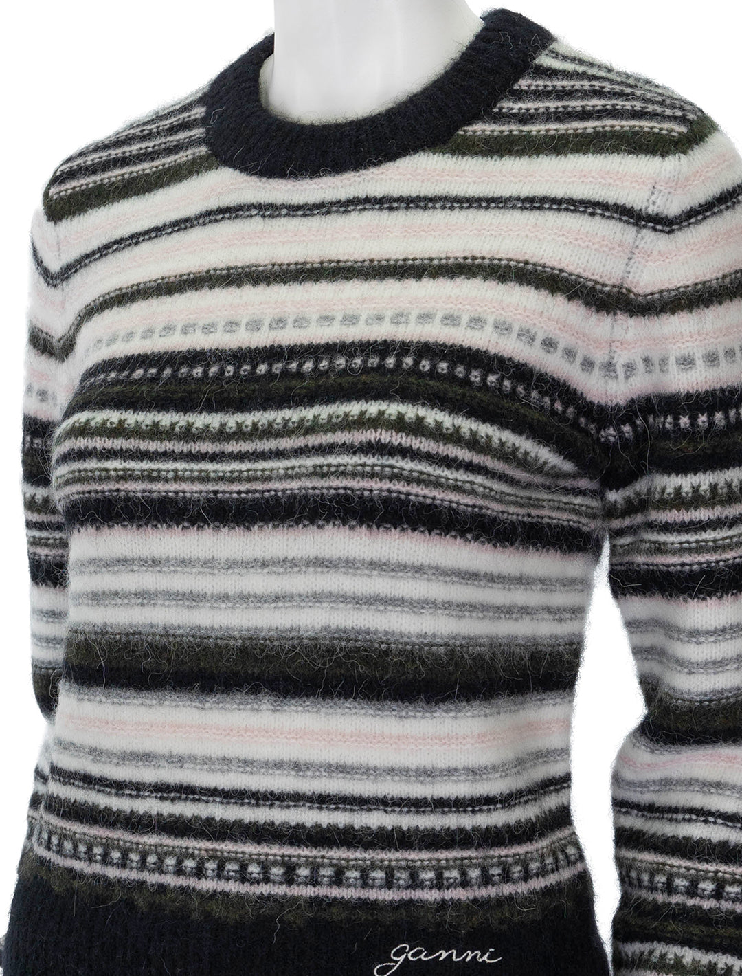 Close-up view of GANNI's soft wool stripe cardigan in black.